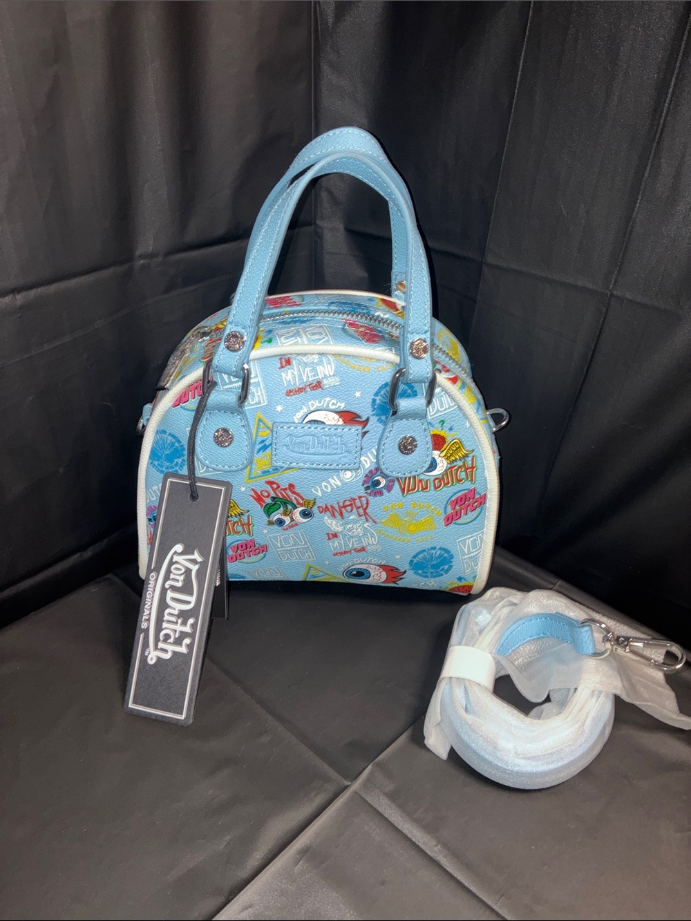 Von Dutch Light Blue Logo Print Dome Satchel